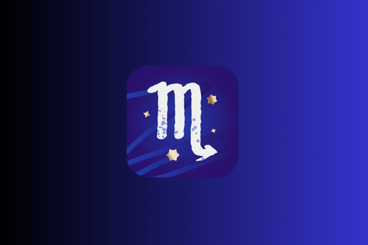 Ilustração com fundo azul e roxo exibindo um ícone central do signo de Escorpião em tom branco, semelhante à letra "m" terminada em uma seta, cercado por pequenas estrelas douradas.