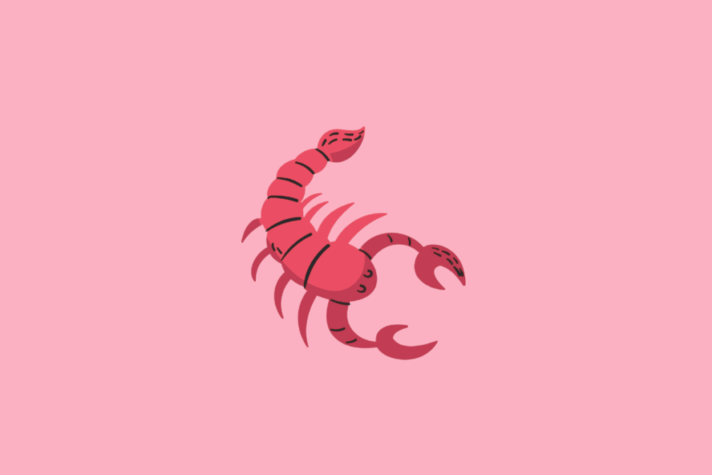 Ilustração simples do signo de Escorpião, representada por um escorpião rosa vibrante visto de cima com cauda levantada e pinças sobre um fundo rosa claro.