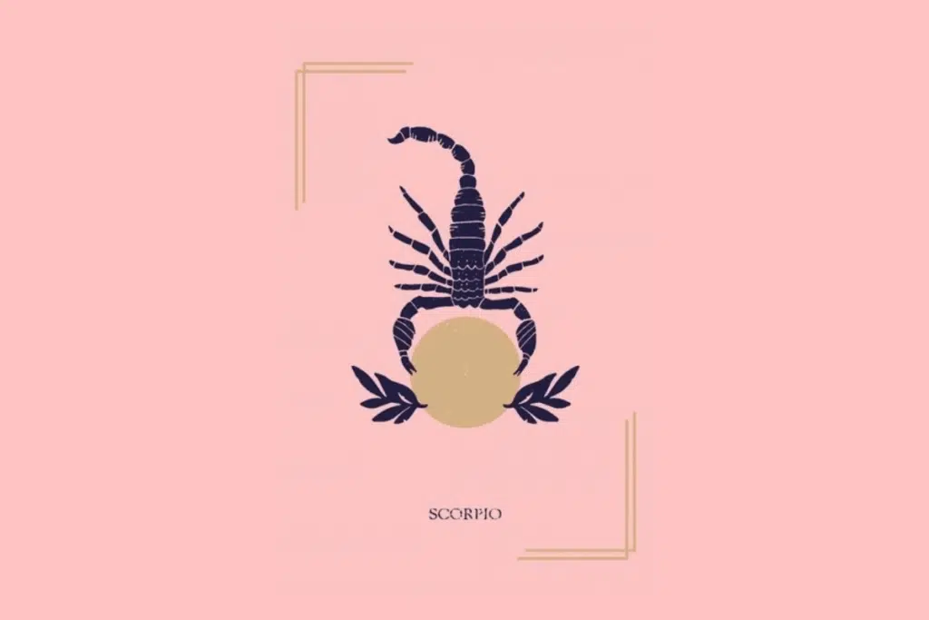 Ilustração mística sobre fundo rosa com a palavra "SCORPIO" na parte inferior. Ao centro, um escorpião posicionado acima de um círculo dourado e ramos de folhas.