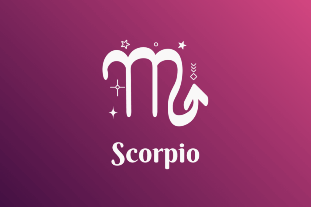 Imagem com fundo em gradiente de roxo para rosa, apresentando o símbolo branco do signo de Escorpião (a letra M terminando em uma seta/ferrão) cercado por estrelas e pequenos elementos místico-astrológicos. Abaixo do símbolo, está escrita a palavra "Scorpio".