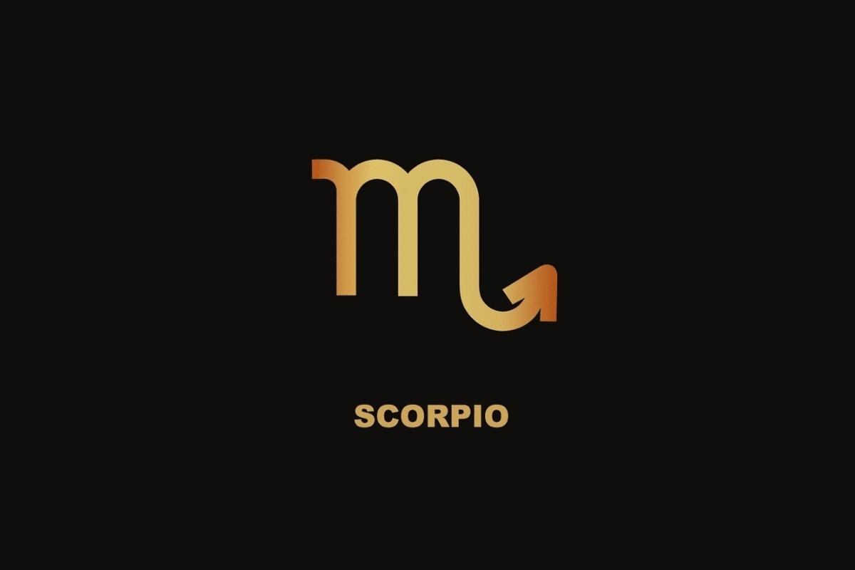Símbolo dourado do signo de Escorpião sobre fundo preto, com o nome "SCORPIO" escrito abaixo.