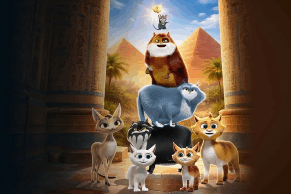 Vários gatos em estilo de animação 3D e um pequeno rato empilhados e organizados em grupo no centro da imagem. Ao fundo, veem-se colunas egípcias antigas, palmeiras e as pirâmides sob um céu azul ensolarado.