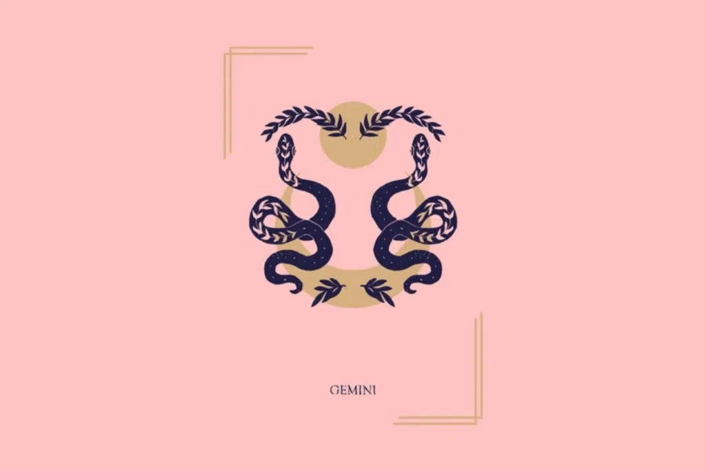 Ilustração mística sobre fundo rosa com a palavra "GEMINI" na parte inferior. Ao centro, duas cobras simétricas entrelaçadas em volta de uma lua crescente e ramos folheados.