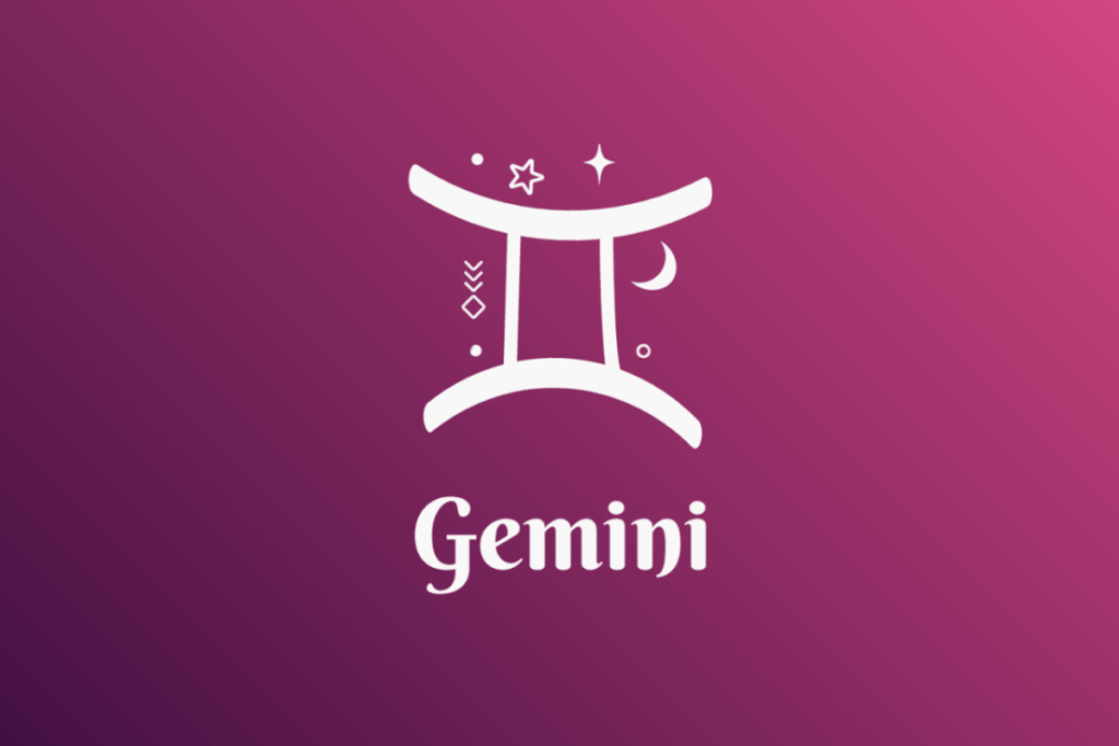 Imagem com fundo em gradiente de roxo para rosa, apresentando o símbolo branco do signo de Gêmeos (o número romano dois stylizado) cercado por estrelas, luas e pequenos elementos místico-astrológicos. Abaixo do símbolo, está escrita a palavra "Gemini".
