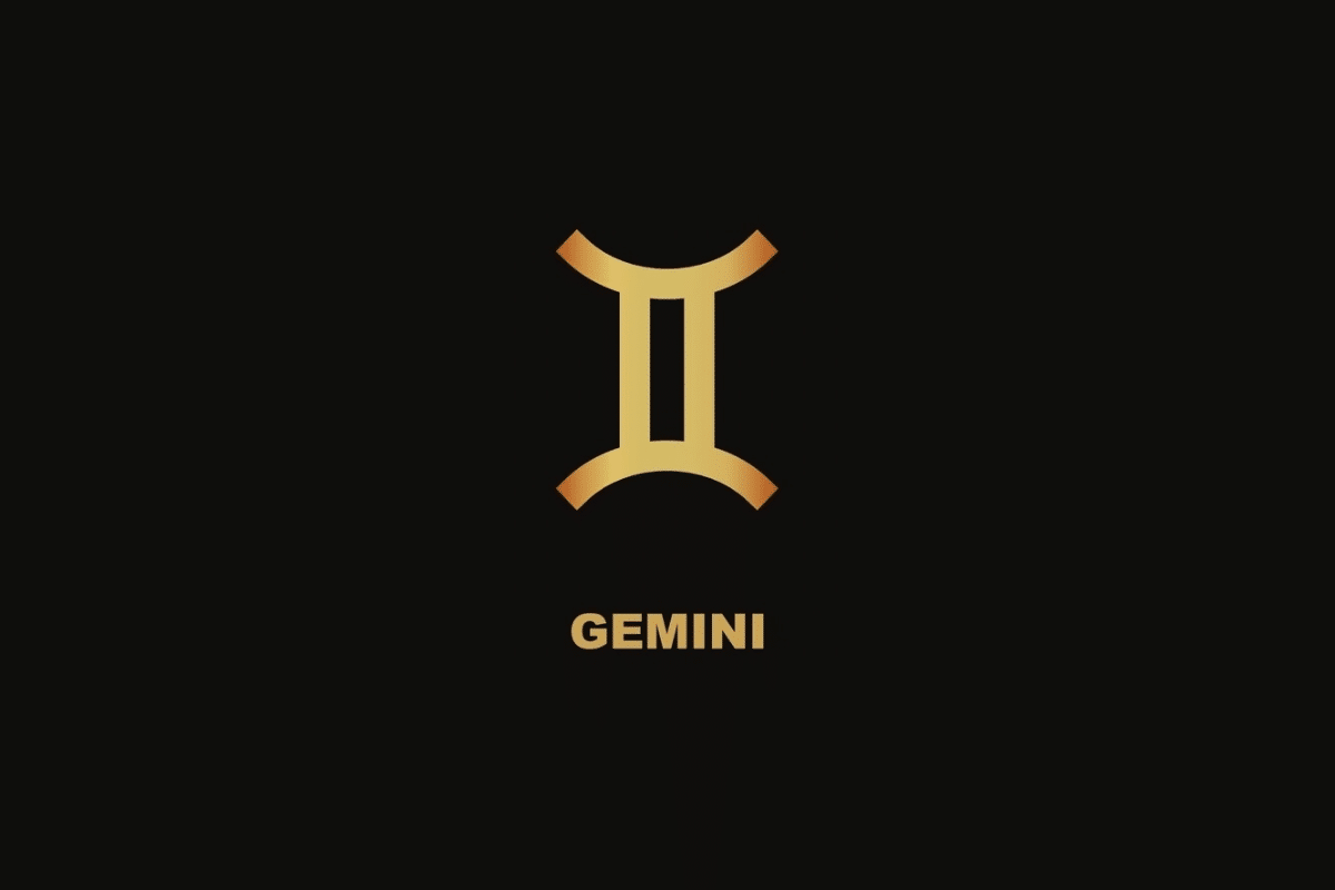 Símbolo dourado do signo de Gêmeos sobre fundo preto, com o nome "GEMINI" escrito abaixo.