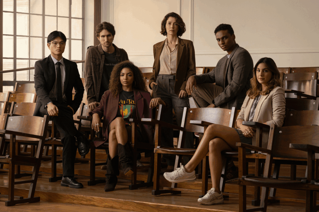 Grupo de seis pessoas posando em uma sala de aula na capa de "Habeas-Corpus"