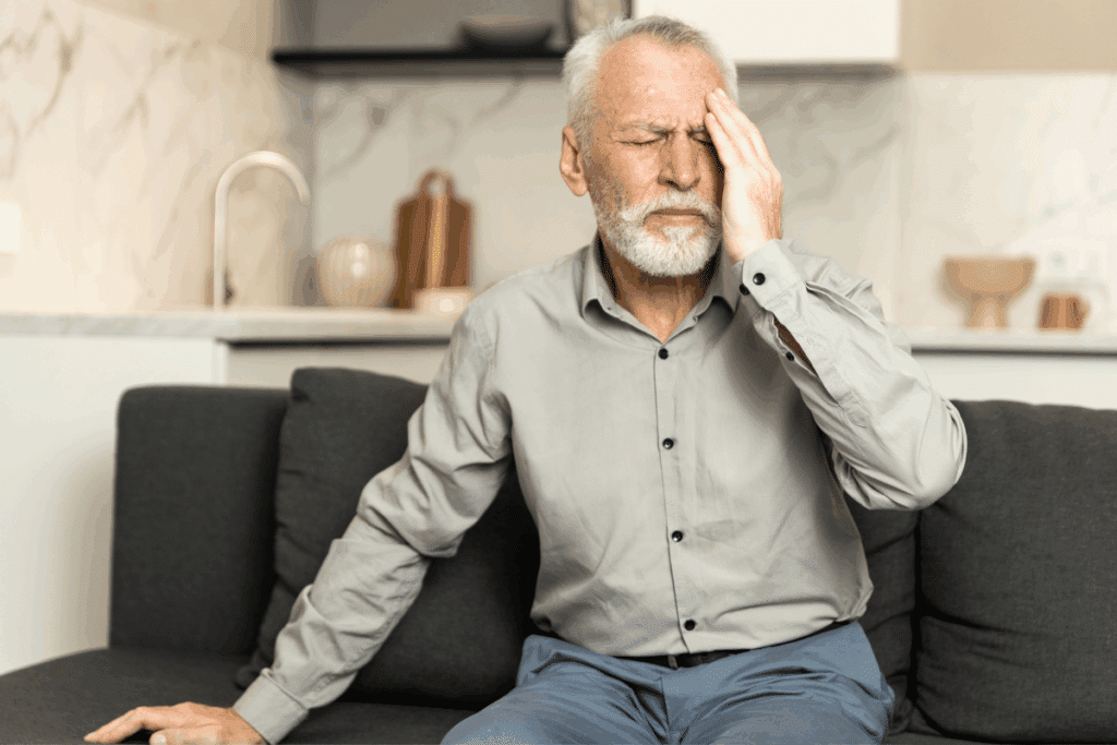 Homem idoso de cabelo e barba grisalhos sentado em um sofá cinza, de olhos fechados e com a mão esquerda pressionando a testa, expressando dor de cabeça ou mal-estar. Ele veste uma camisa social cinza-claro e calça azul-escuro. Ao fundo, vê-se uma cozinha moderna e iluminada.