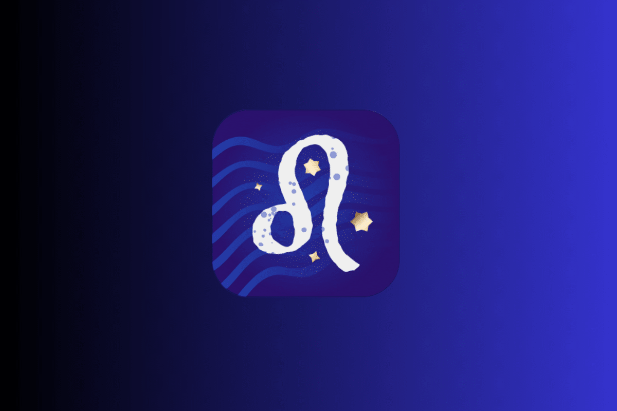 Ilustração com fundo azul e roxo exibindo um ícone central do signo de Leão em tom branco, representado por uma linha curvada com uma alça, cercado por pequenas estrelas douradas.