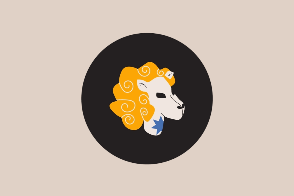 Ilustração do signo de Leão representando a cabeça de um leão branco com uma juba amarela encaracolada e uma estrela azul no pescoço.