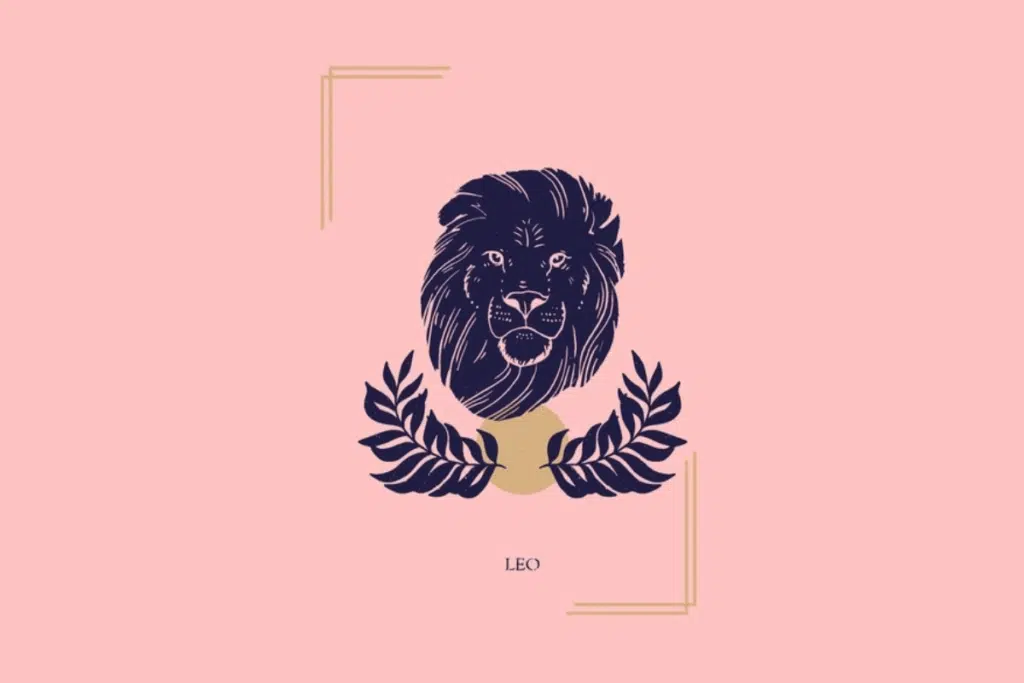 Ilustração mística sobre fundo rosa com a palavra "LEO" na parte inferior. Ao centro, a cabeça de um leão emoldurada por dois ramos de folhas e um círculo dourado.