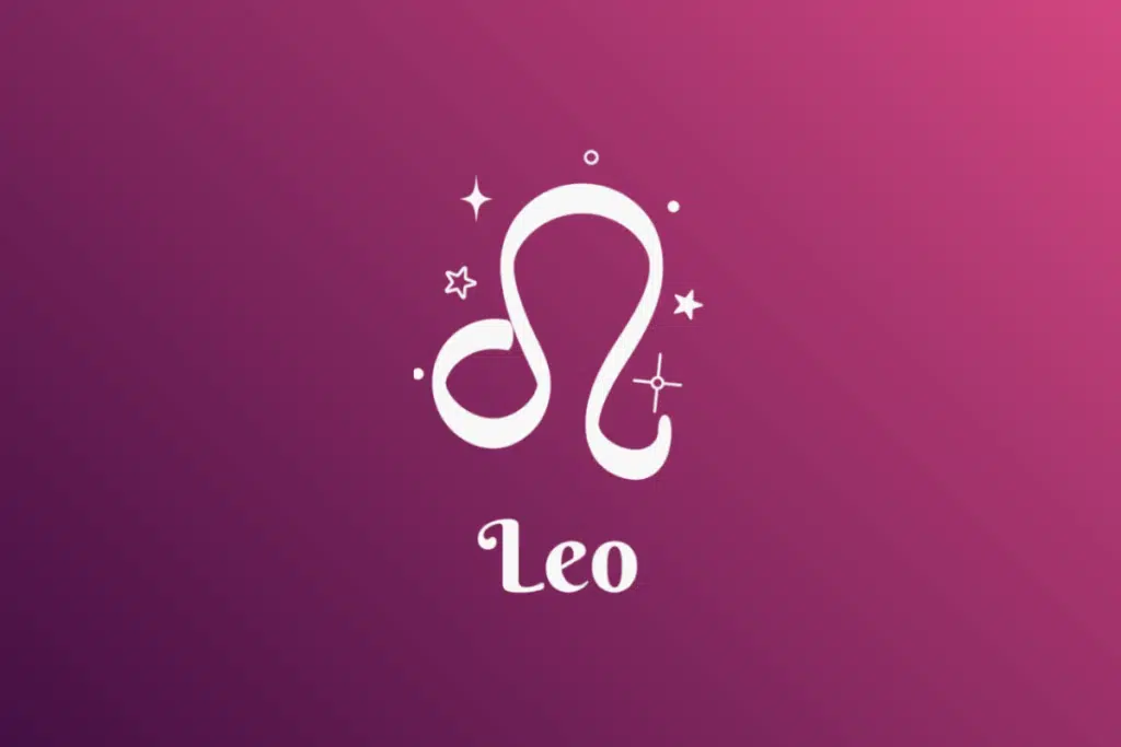 Imagem com fundo em gradiente de roxo para rosa, apresentando o símbolo branco do signo de Leão cercado por estrelas e pequenos elementos místico-astrológicos. Abaixo do símbolo, está escrita a palavra "Leo".