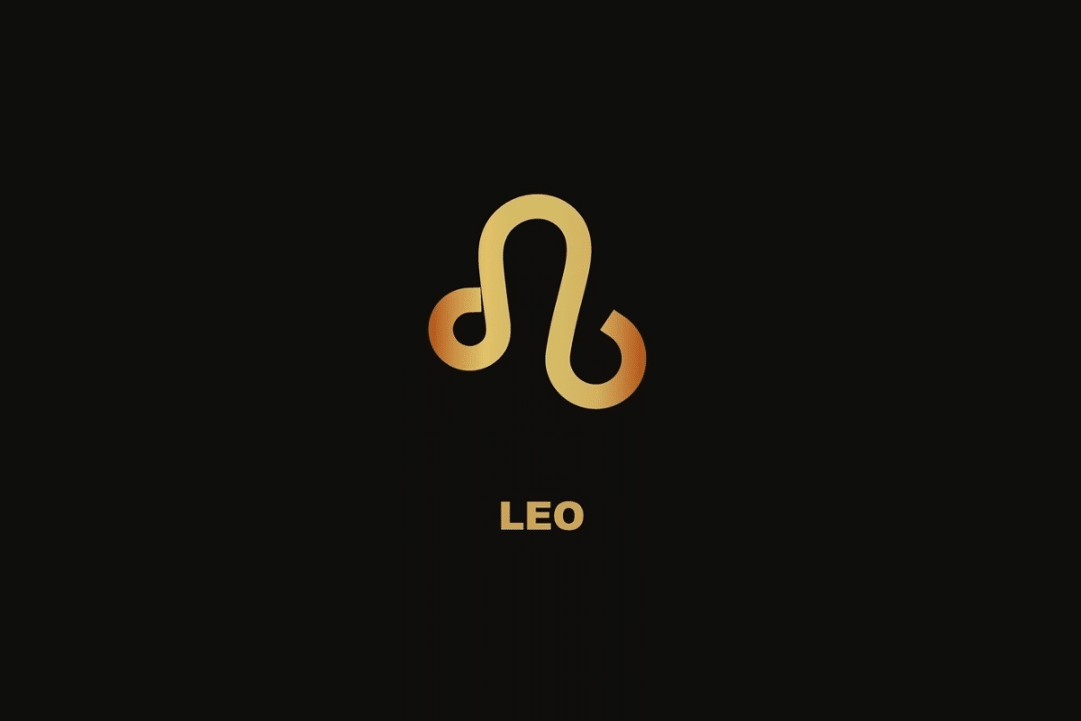 Símbolo dourado do signo de Leão sobre fundo preto, com o nome "LEO" escrito abaixo.