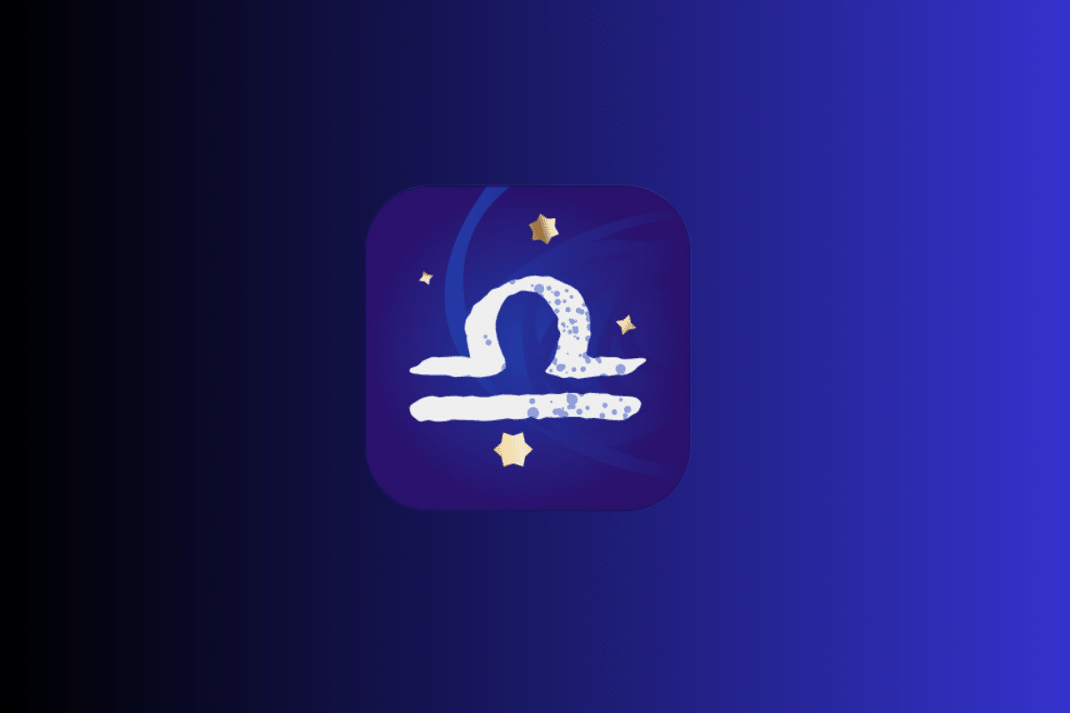 Ilustração com fundo azul e roxo exibindo um ícone central do signo de Libra em tom branco, representado por uma linha curva sobre uma linha reta, cercado por pequenas estrelas douradas.