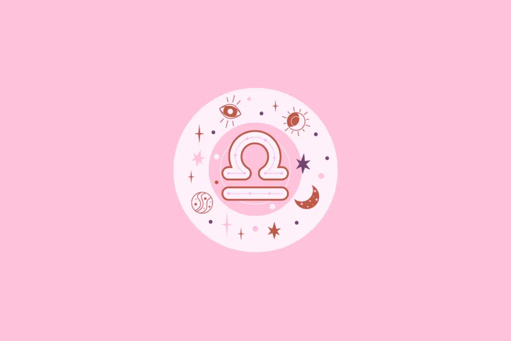 Ilustração estilizada em tons de rosa do símbolo do signo de Libra, cercado por elementos místicos como lua, sol e estrelas.
