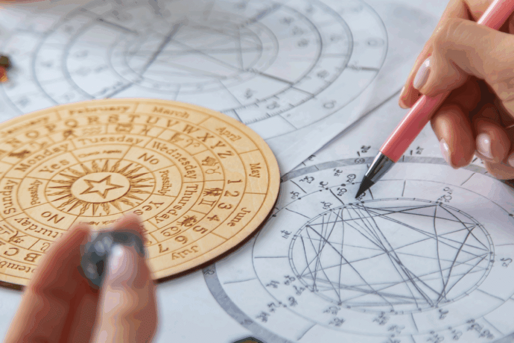 Visão em close-up das mãos de uma pessoa trabalhando com astrologia sobre uma mesa. A mão direita segura uma caneta rosa e desenha ou marca linhas em um mapa astral impresso em papel. À esquerda, há um disco circular de madeira com gravações de letras do alfabeto, meses e dias da semana e, em primeiro plano, uma mão segura uma pequena pedra ou objeto desfocado.