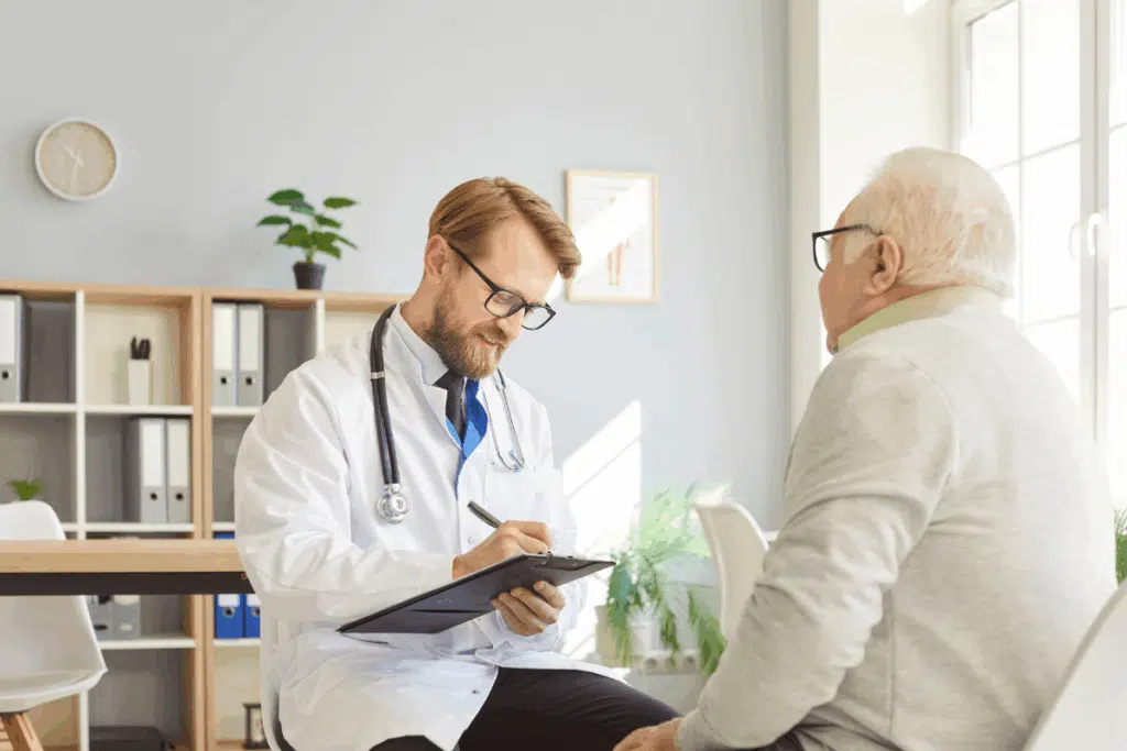Médico usando jaleco branco, óculos e estetoscópio no pescoço, escrevendo em uma prancheta enquanto atende um homem idoso em seu consultório.