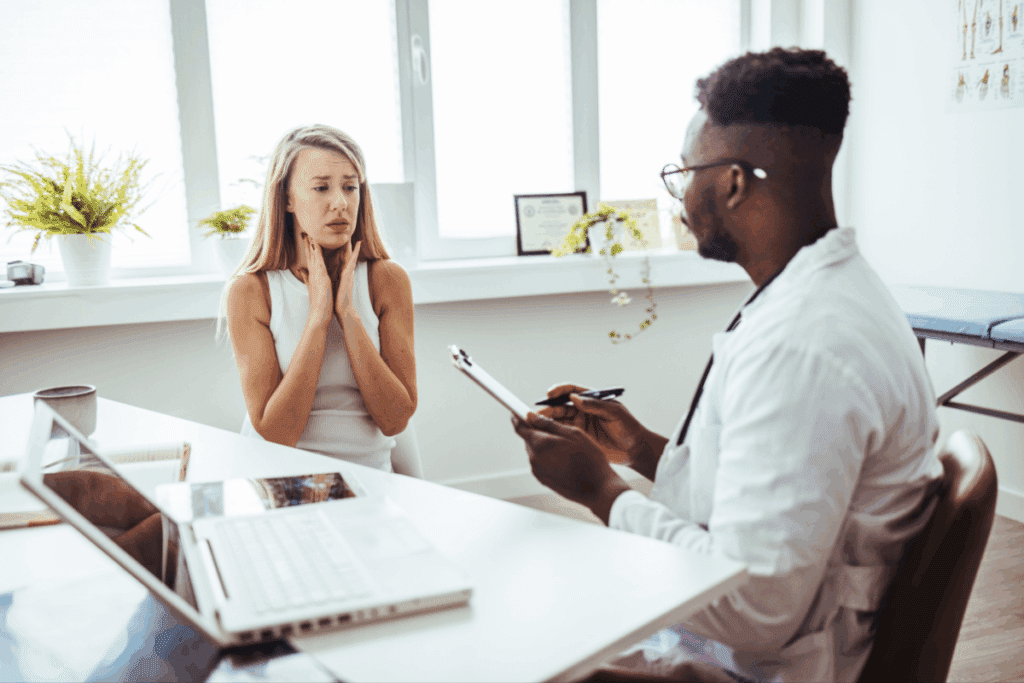 Uma mulher loira com expressão de desconforto segura o pescoço com as duas mãos durante uma consulta médica. Ela está sentada em frente a um médico negro de jaleco branco, que segura uma prancheta e uma caneta enquanto conversa com ela.