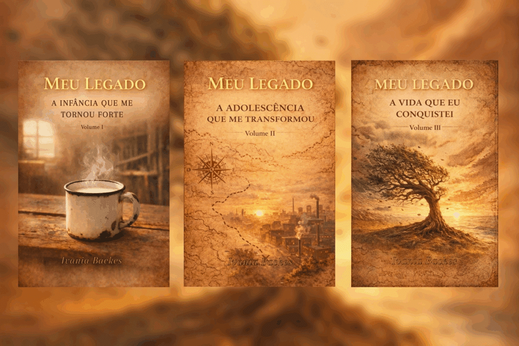 Três capas da coleção de livros "MEU LEGADO" de Ivania Backes em tons amarelados e rústicos: o Volume I exibe uma caneca de café fumegante, o Volume II exibe um mapa antigo com bússola, e o Volume III exibe uma árvore ao pôr do sol.