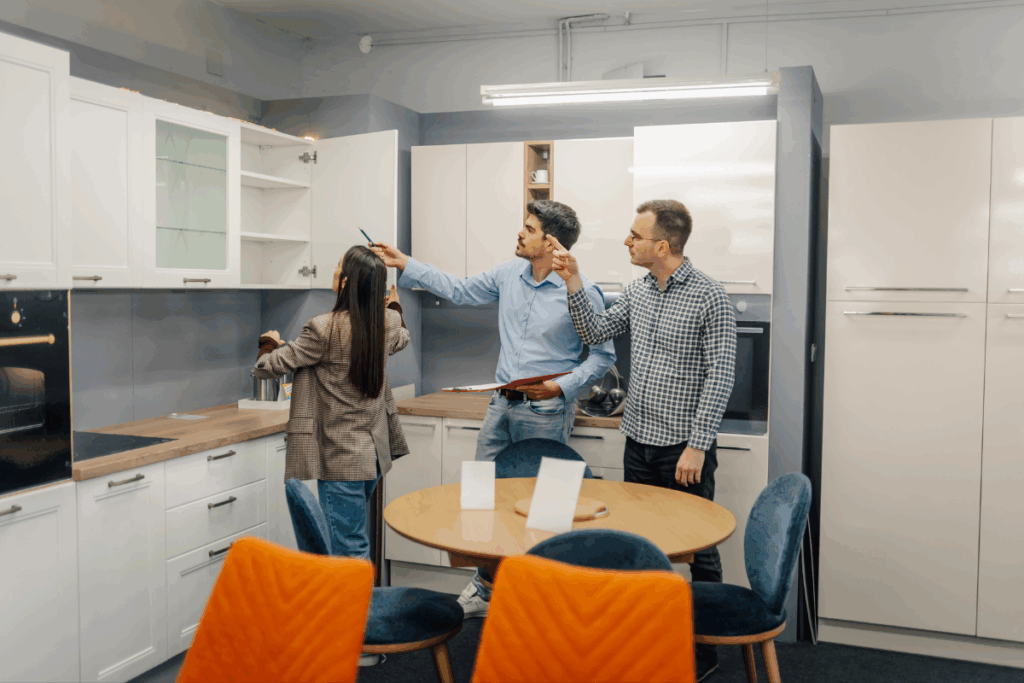 Três pessoas observam e apontam para os armários superiores de um showroom de cozinha planejada branca; um homem de camisa azul segura uma prancheta enquanto o homem de camisa xadrez e a mulher apontam para os detalhes dos móveis.