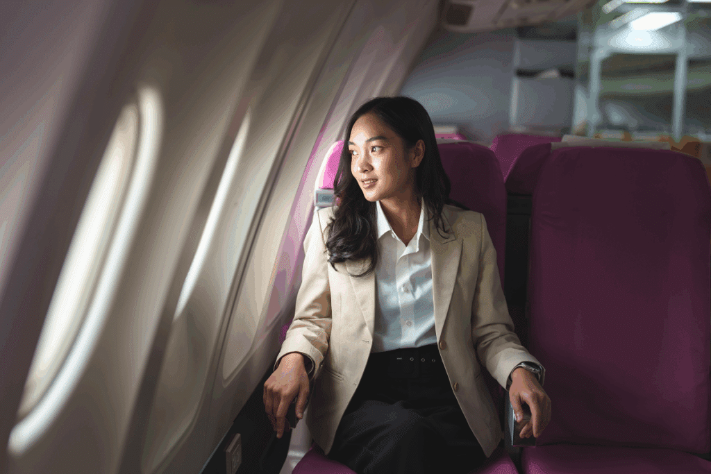 Mulher asiática de cabelos escuros sentada na poltrona de um avião, vestindo camisa branca, blazer bege e calça preta, enquanto olha pensativa para a janela ao seu lado.