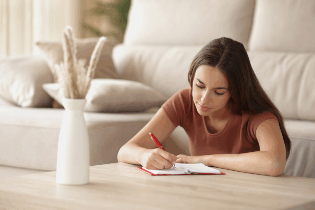 Mulher jovem escrevendo em um caderno sobre uma mesa de madeira. Ela está sentada no chão, com um sofá desfocado ao fundo e um vaso decorativo à esquerda.