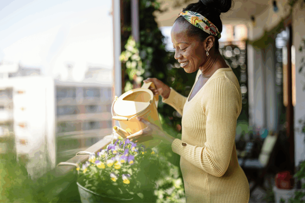 Mulher negra sorridente com blusa amarela e tiara estampada, usando um regador amarelo para molhar flores roxas e amarelas na varanda de um apartamento.