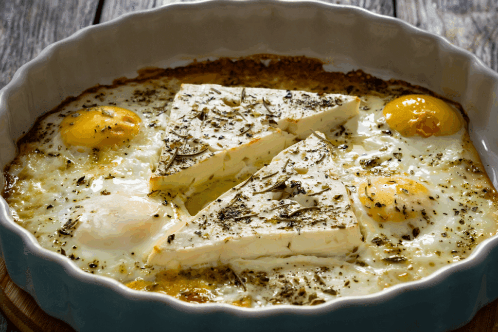 Assadeira redonda de cerâmica branca com fatias triangulares de queijo feta ao centro, cercadas por ovos estalados assados e salpicados com ervas finas e azeite.