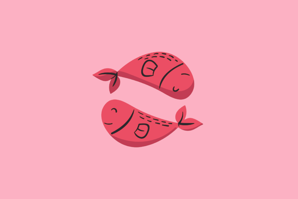 Ilustração simples do signo de Peixes, representada por uma dois peixes rosa vibrante sobre um fundo rosa claro.