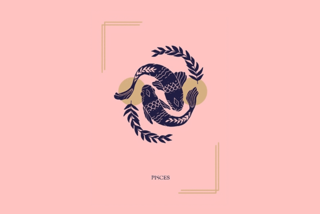 Ilustração mística sobre fundo rosa com a palavra "PISCES" na parte inferior. Ao centro, dois peixes nadando em círculo simétrico, cercados por ramos folheados e círculos dourados.