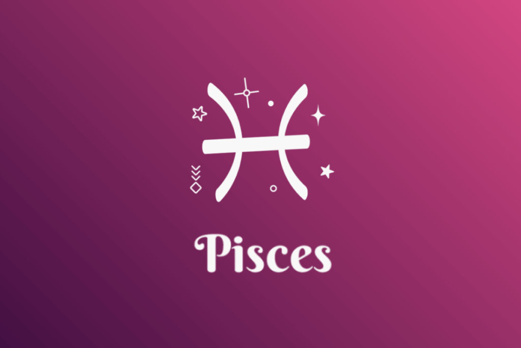 Imagem com fundo em gradiente de roxo para rosa, apresentando o símbolo branco do signo de Peixes cercado por estrelas e pequenos elementos místico-astrológicos. Abaixo do símbolo, está escrita a palavra "Pisces".