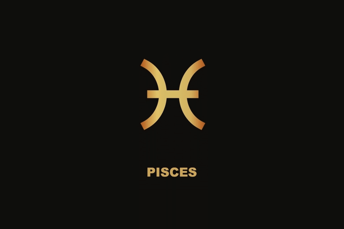 Símbolo dourado do signo de Peixes sobre fundo preto, com o nome "PISCES" escrito abaixo.