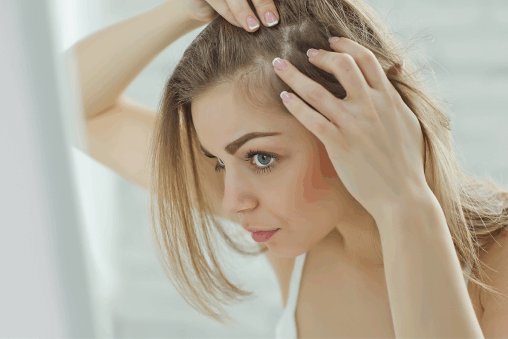 Uma mulher loira olhando para o espelho enquanto afasta o cabelo com as mãos para examinar o couro cabeludo.