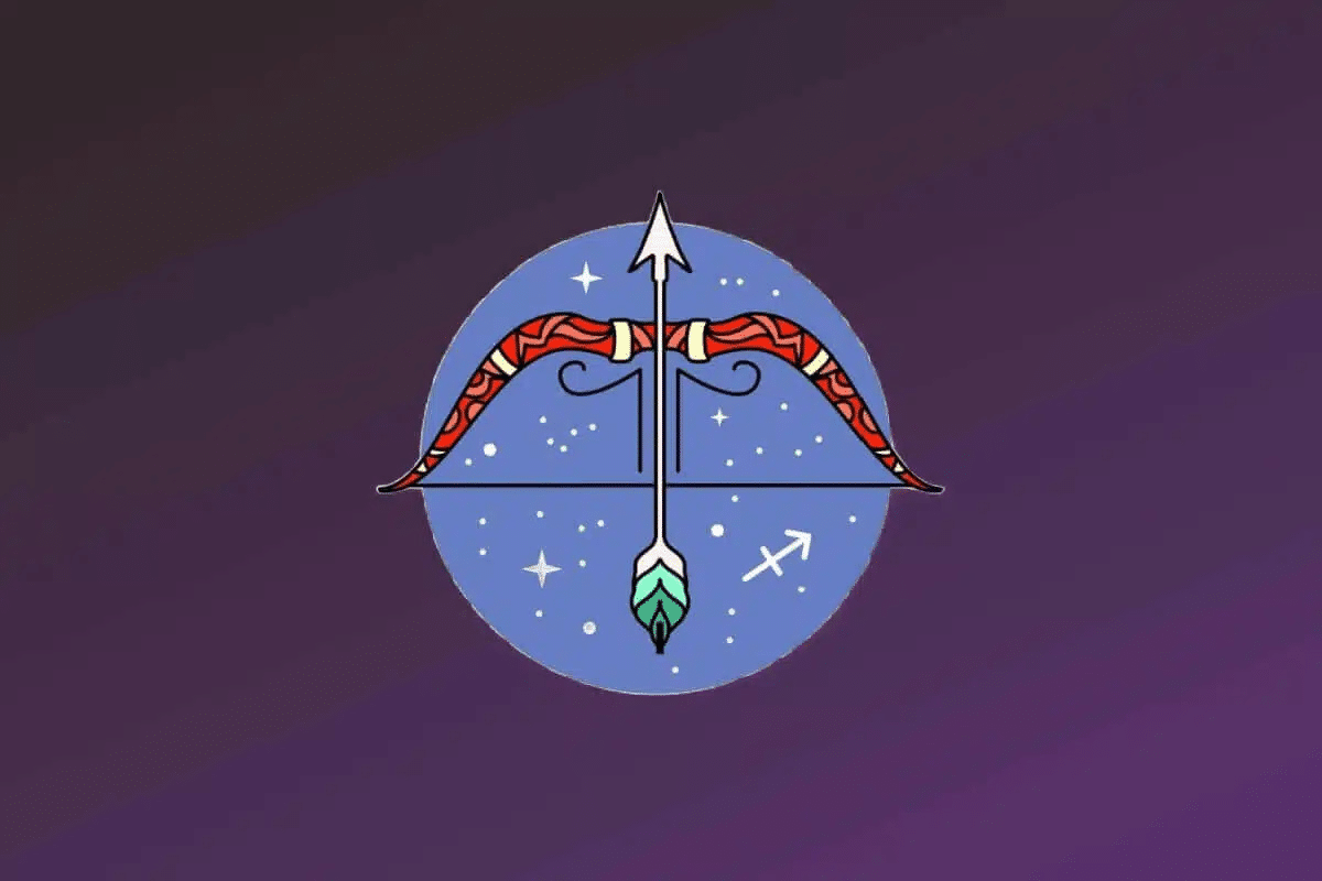 Ilustração do signo de Sagitário. Apresenta um arco curvado com detalhes em vermelho e padrões orgânicos pretos, atravessado verticalmente por uma flecha branca apontada para cima. A base da flecha possui penas em tons de verde. O símbolo de Sagitário está posicionado em branco no canto inferior direito, dentro do círculo azul. 