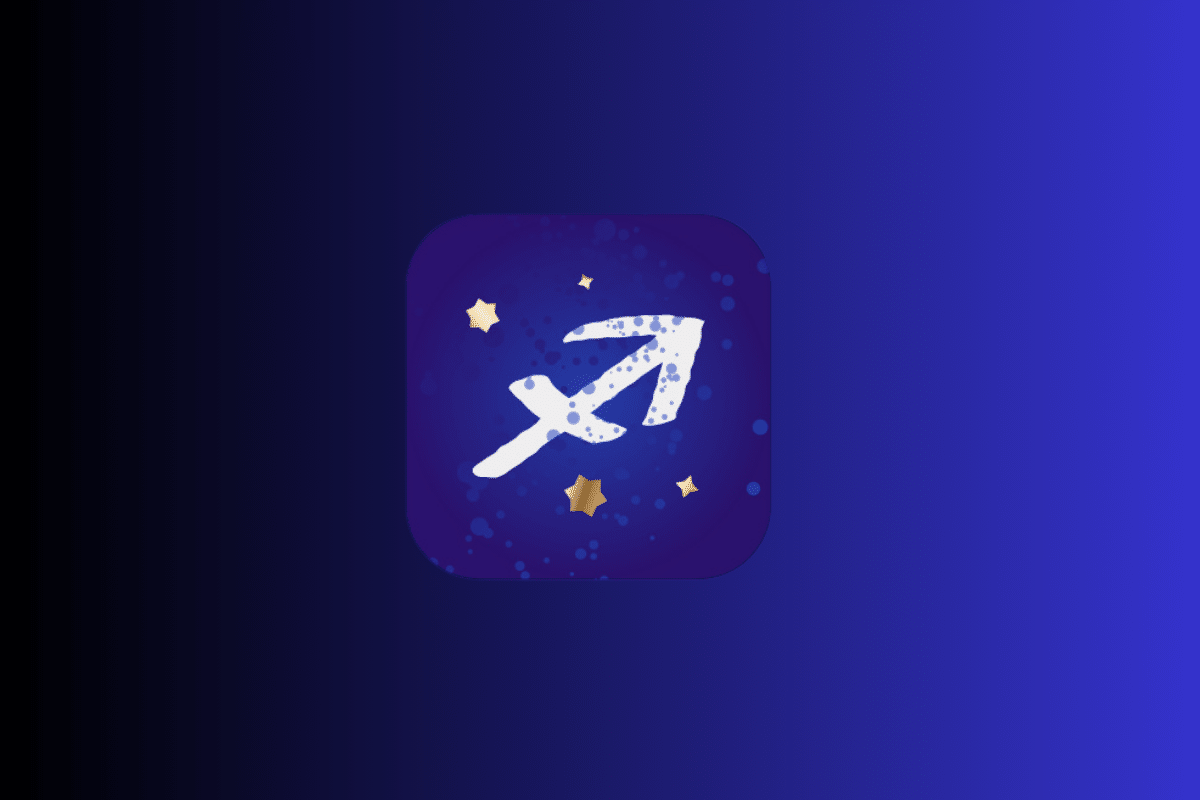 Ilustração com fundo azul e roxo exibindo um ícone central do signo de Sagitário em tom branco, representado por uma seta diagonal com um traço, cercado por pequenas estrelas douradas.