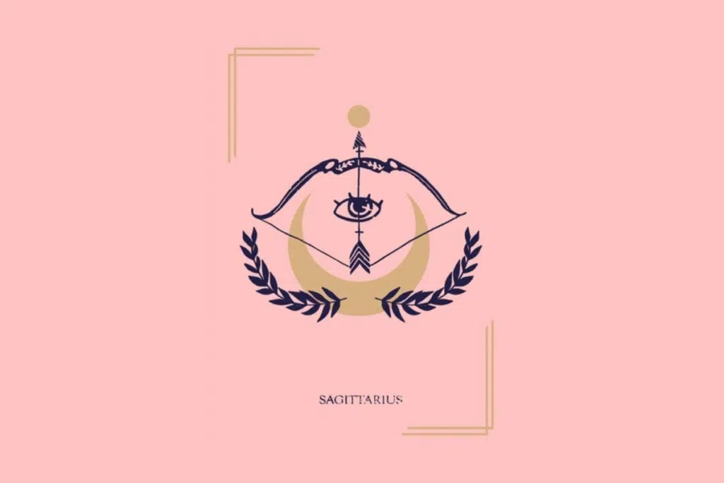 Ilustração mística sobre fundo rosa com a palavra "SAGITTARIUS" na parte inferior. Ao centro, um arco tensionado com uma flecha contendo um olho gravado no meio, emoldurado por uma lua crescente, ramos de folhas e um círculo dourado.