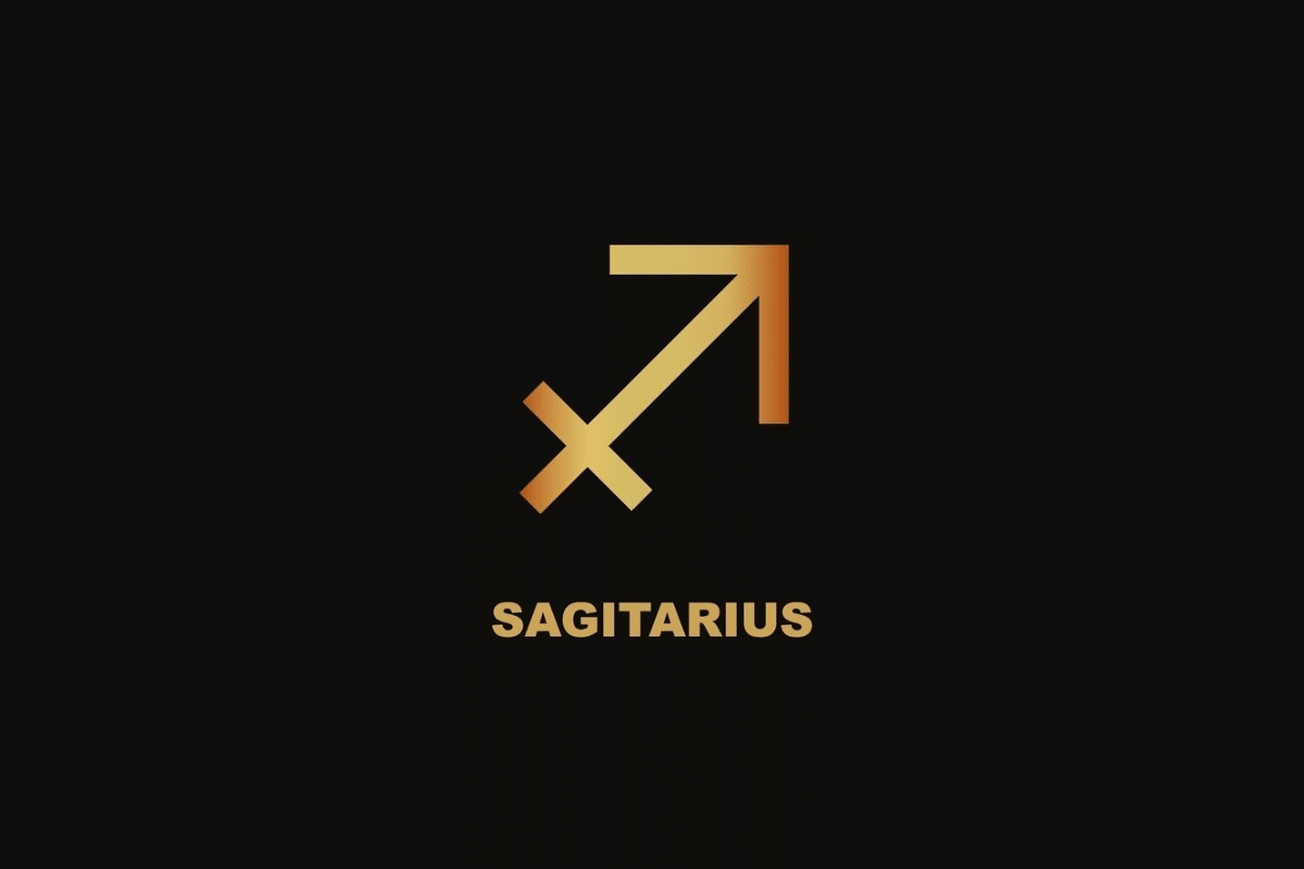 Símbolo dourado do signo de Sagitário sobre fundo preto, com o nome "SAGITARIUS" escrito abaixo.