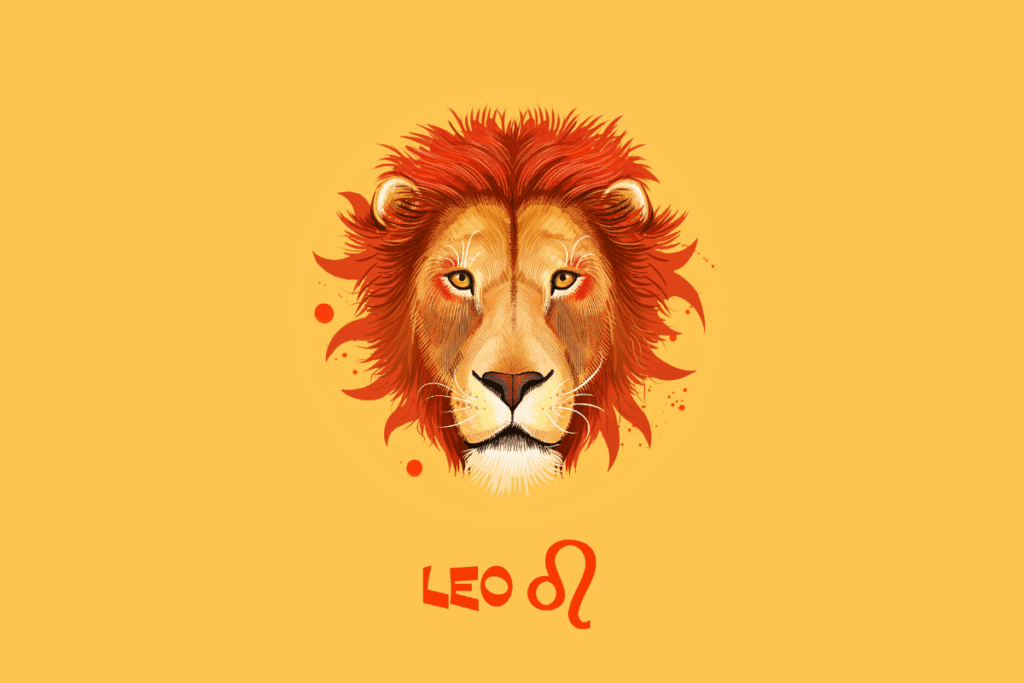 Ilustração da cabeça de um leão com juba avermelhada e alaranjada, centralizada em um fundo amarelo. Logo abaixo, aparecem a palavra "LEO" e o símbolo do signo de Leão na cor vermelha.   