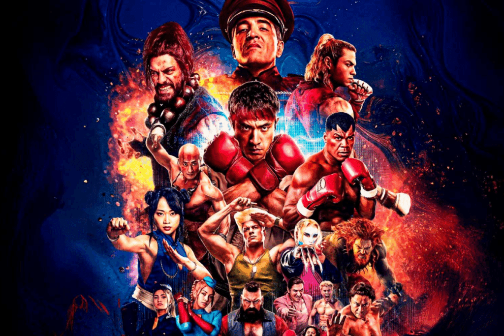 Cartaz ilustrado em estilo épico e tom avermelhado reunindo diversos personagens de Street Fighter em poses de luta, com Ryu em destaque no centro e M. Bison no topo.