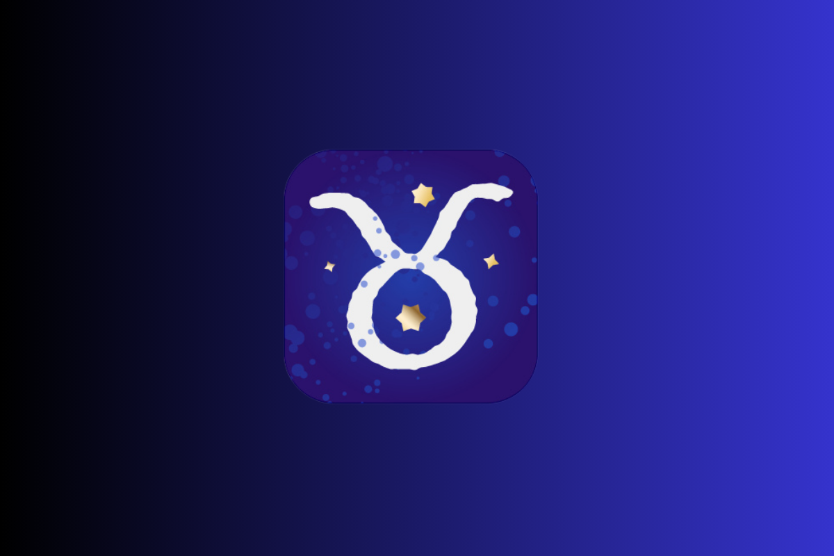 Ilustração com fundo azul e roxo exibindo um ícone central do signo de Touro em tom branco, representado por um círculo com chifres, cercado por pequenas estrelas douradas.