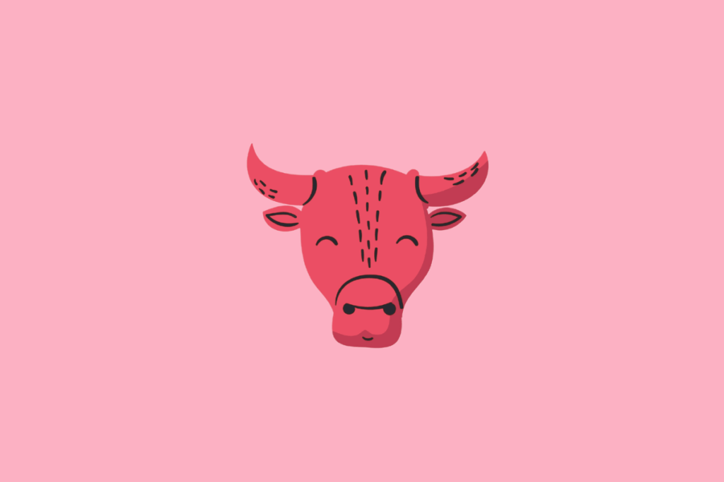 Ilustração simples do signo de Touro, representada pela cabeça de um touro rosa vibrante sorridente com chifres curvos sobre um fundo rosa claro.