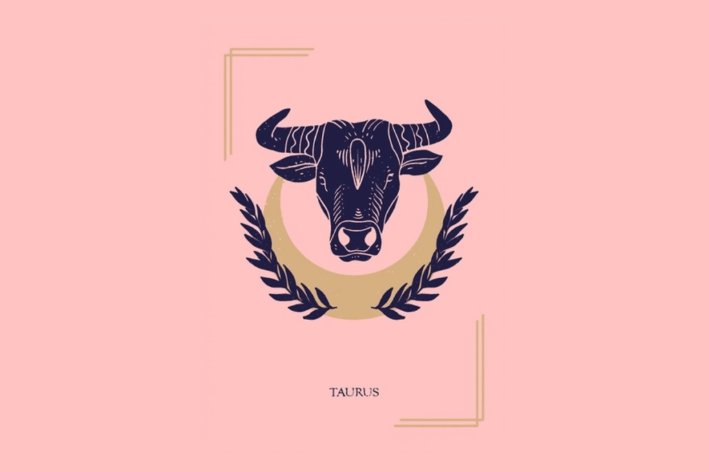 Ilustração mística sobre fundo rosa com a palavra "TAURUS" na parte inferior. Ao centro, a cabeça de um touro com chifres decorados, emoldurada por uma lua crescente e ramos de folhas.