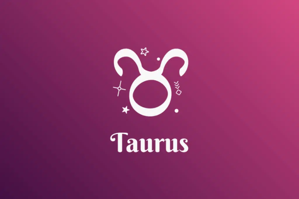 Imagem com fundo em gradiente de roxo para rosa, apresentando o símbolo branco do signo de Touro (um círculo com chifres na parte superior) cercado por estrelas e pequenos elementos místico-astrológicos. Abaixo do símbolo, está escrita a palavra "Taurus".