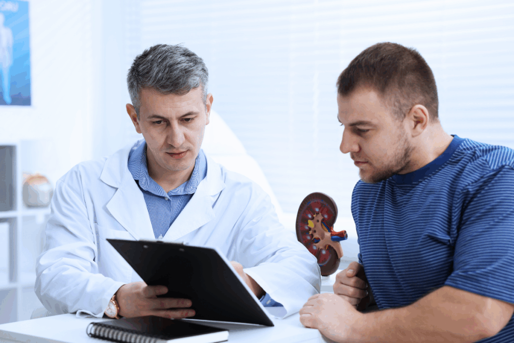Médico de jaleco branco e camisa social listrada azul sentado à mesa de seu consultório, segurando e analisando uma prancheta com documentos. Ao seu lado, um paciente vestindo camiseta azul listrada acompanha a explicação com atenção. Sobre a mesa branca, há um caderno espiral e um modelo anatômico de um rim humano.