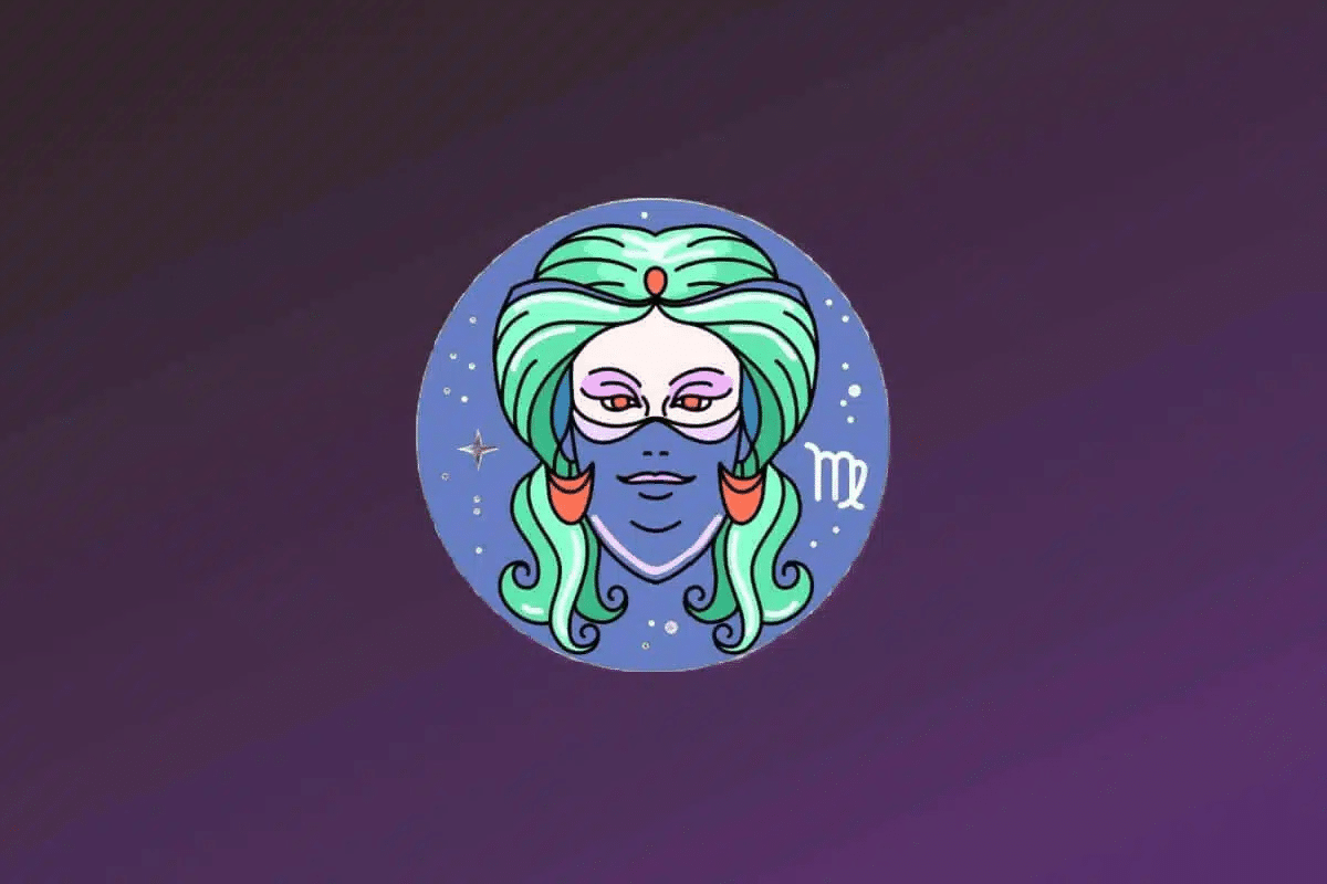 Ilustração do signo de Virgem. Representa o rosto de uma mulher com traços estilizados e pele clara. Ela tem cabelos volumosos e ondulados em tons de verde-água e usa uma máscara ou detalhe roxo que cobre a parte inferior do rosto. Ela veste brincos grandes em formato de meia-lua na cor coral. O símbolo de Virgem aparece em branco à direita do rosto. 