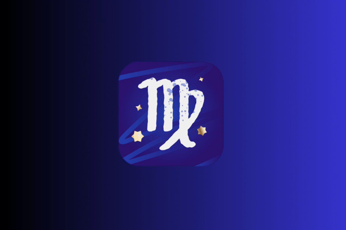 Ilustração com fundo azul e roxo exibindo um ícone central do signo de Virgem em tom branco, semelhante à letra "m" com uma curva entrelaçada, cercado por pequenas estrelas douradas.