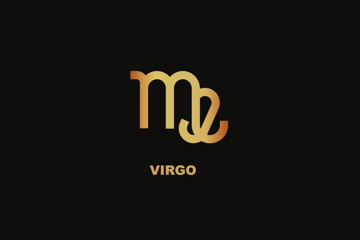 Símbolo dourado do signo de Virgem sobre fundo preto, com o nome "VIRGO" escrito abaixo.