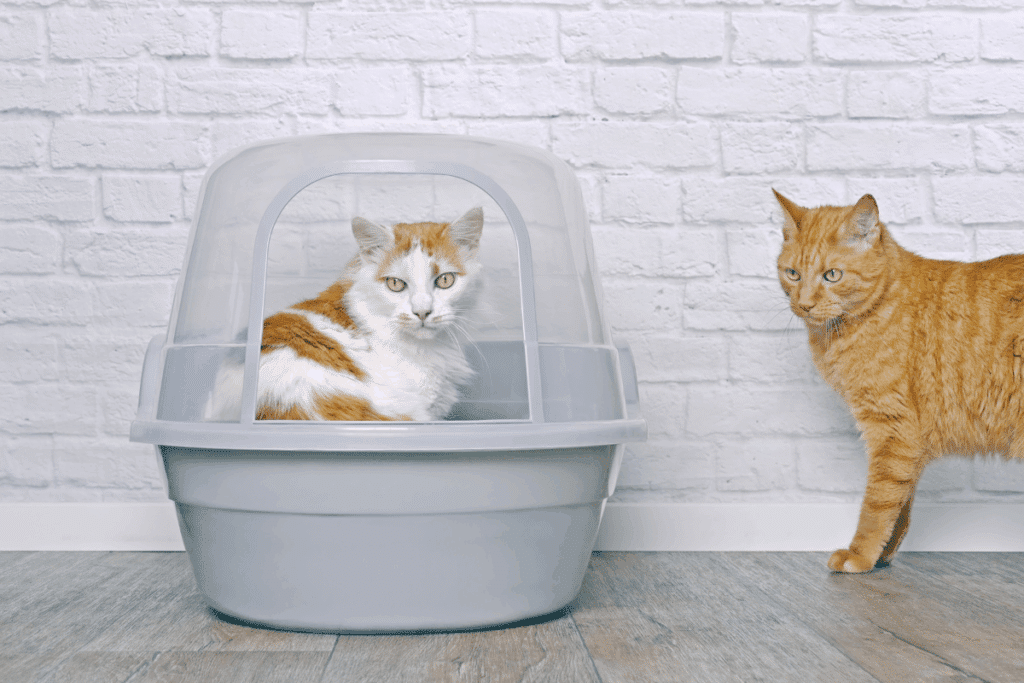 Um gato branco com manchas caramelo sentado dentro de uma caixa de areia fechada de plástico cinza. Do lado de fora, um gato inteiramente laranja caminha e observa o outro gato através da abertura transparente da caixa