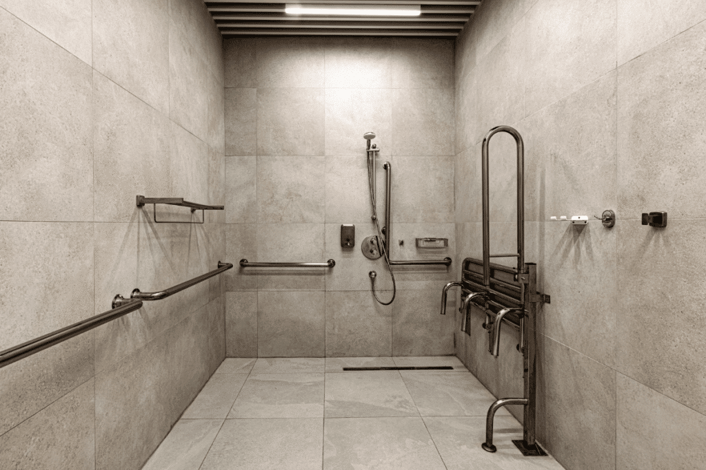 Banheiro adaptado e acessível, revestido com azulejos bege claros, equipado com várias barras de apoio metálicas nas paredes e um assento dobrável