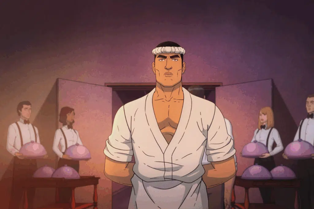 Ilustração em estilo de animação de um homem alto e musculoso, de pele morena, em pé no centro de uma sala. Ele usa uma roupa branca semelhante a um uniforme de cozinheiro, com mangas dobradas e um avental. Na cabeça, veste uma faixa branca. Ao fundo, quatro pessoas vestidas como funcionários de restaurante seguram bandejas cobertas por tampas. A iluminação do ambiente é escura, com tons avermelhados e arroxeados.