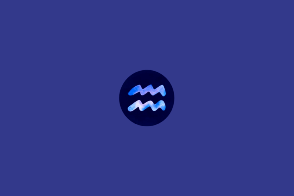 Símbolo do signo de Aquário em tons de roxo e azul em círculo azul escuro, em fundo azul.